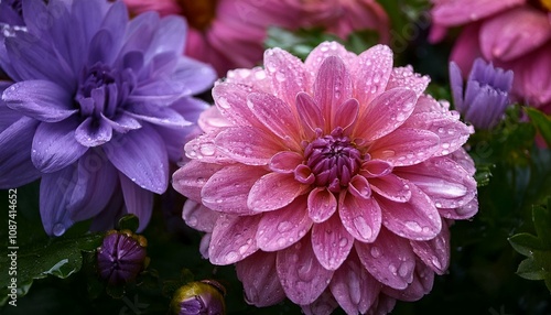 a beautiful view of rain drops on the pink and purple combination flowers