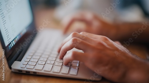 Close-up view of hands diligently typing on a laptop's white keyboard