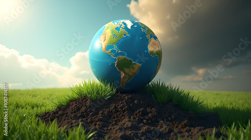 Earth globe resting on soil and grass under a bright sky with clouds, AI Generation