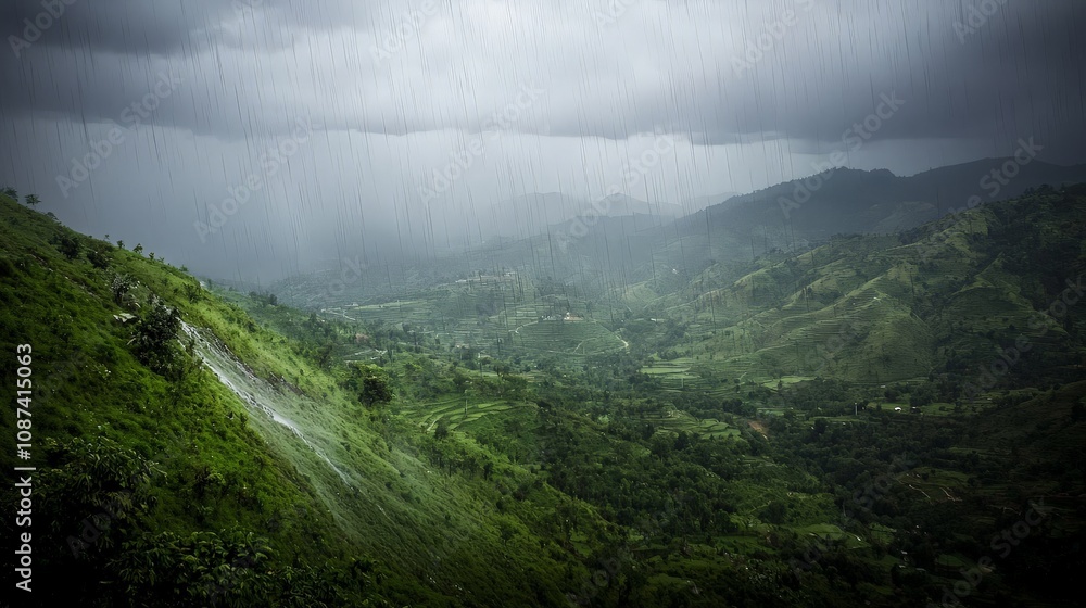 Lush green hills and valleys during a heavy downpour. Lush green hills and valleys during a heavy downpour.