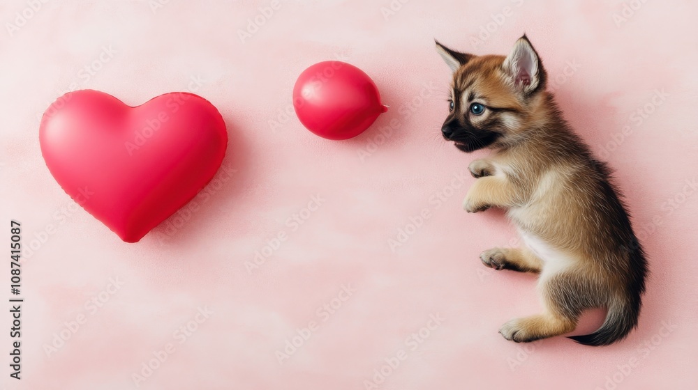 Cute puppy playing with red heart-shaped balloons on a soft pink background. Perfect for Valentine's Day Cute puppy playing with red heart-shaped balloons on a soft pink background. Perfect for Valentine's Day