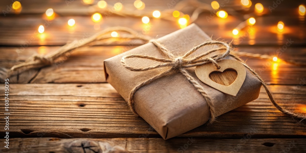 A rustic brown gift box tied with twine and adorned with a wooden heart-shaped tag, illuminated by a string of warm fairy lights resting on a weathered wooden surface. A rustic brown gift box tied with twine and adorned with a wooden heart-shaped tag, illuminated by a string of warm fairy lights resting on a weathered wooden surface.