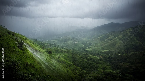 Lush green hills and valleys during a heavy downpour.