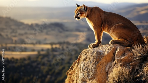 Majestic cougar perched on a rock, overlooking a scenic landscape at sunset.