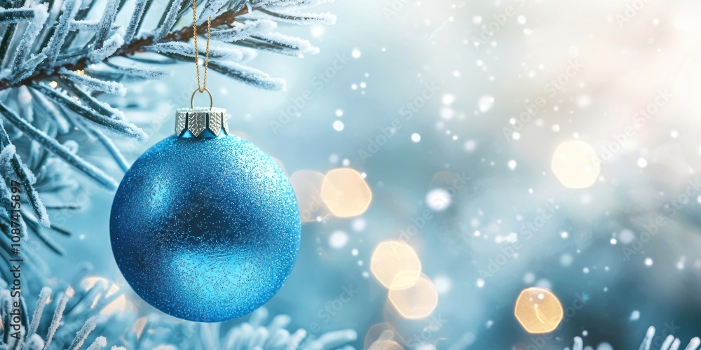 A striking blue Christmas ornament hanging delicately from a snowy branch, glistening in the light. A striking blue Christmas ornament hanging delicately from a snowy branch, glistening in the light.
