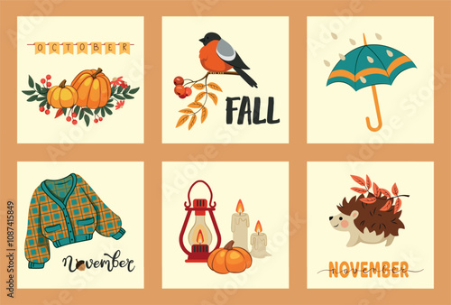 Cute autumn cards. Hello fall season holiday. Pumpkin October harvest. Rain umbrella. November warm knitted sweater. Autumnal leaves. Hedgehog and bullfinch. Vector seasonal banners set