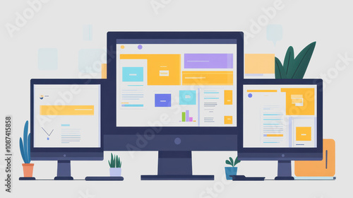 Multiple Computer Monitors Displaying Web Development Project with Colorful User Interface and Design Elements for Digital Workspaces