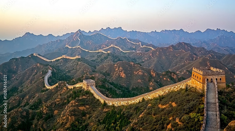 Fototapeta premium Majestic Great Wall of China winding through mountains at sunset.