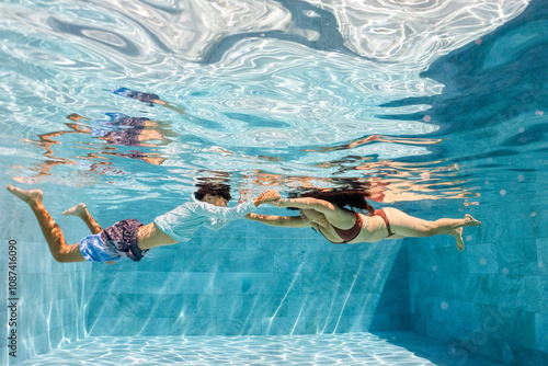 Mother and Son playing underwater in a pool  photo