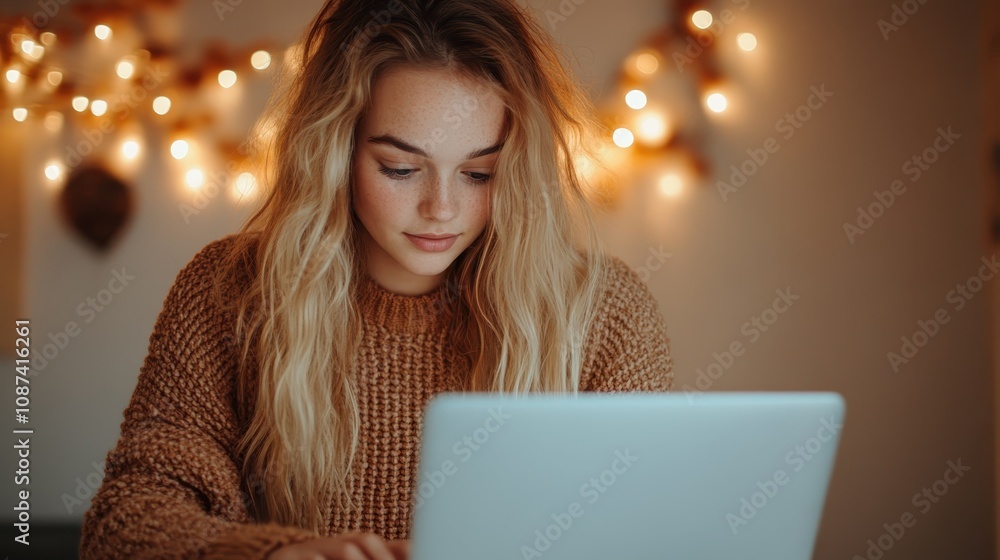 A young blonde woman is intently working on her laptop surrounded by soft, warm festive lighting, creating an atmosphere of focus and determination in cozy ambiance. A young blonde woman is intently working on her laptop surrounded by soft, warm festive lighting, creating an atmosphere of focus and determination in cozy ambiance.