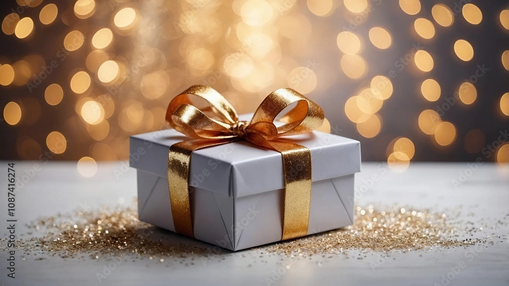 A white box with a gold ribbon on a table with glitter on it A white box with a gold ribbon on a table with glitter on it