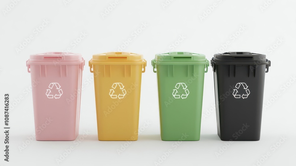 Sorting bins for zero waste, labeled with icons, isolated white background, 3D illustration Sorting bins for zero waste, labeled with icons, isolated white background, 3D illustration