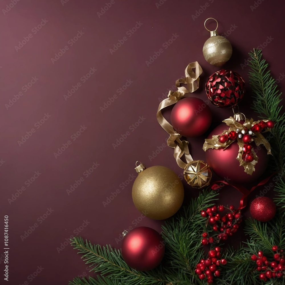 A red background with Christmas tree with many red and gold ornaments with copy space A red background with Christmas tree with many red and gold ornaments with copy space