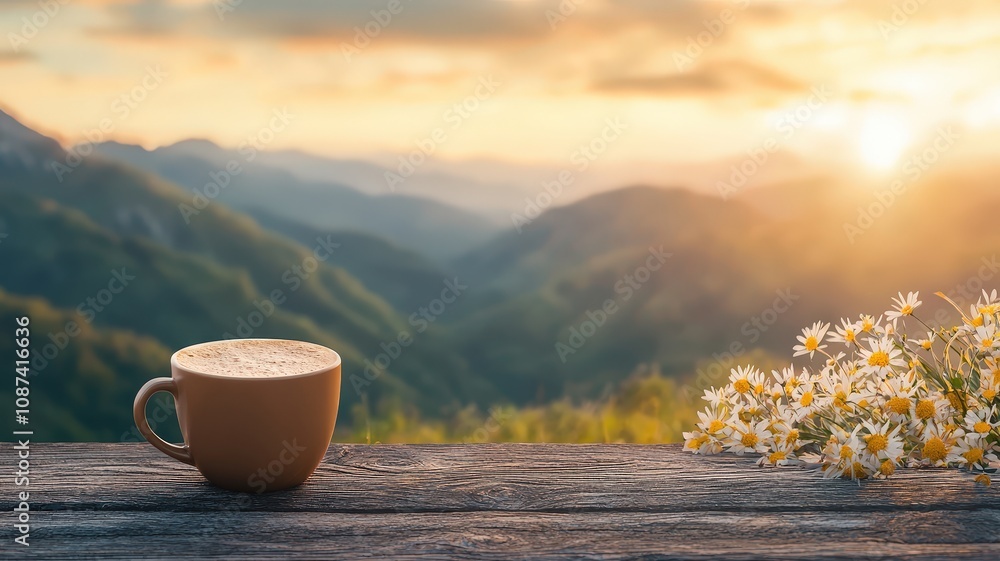 A serene morning scene featuring a coffee cup on a wooden surface with mountains and flowers, illuminated by warm sunlight. A serene morning scene featuring a coffee cup on a wooden surface with mountains and flowers, illuminated by warm sunlight.