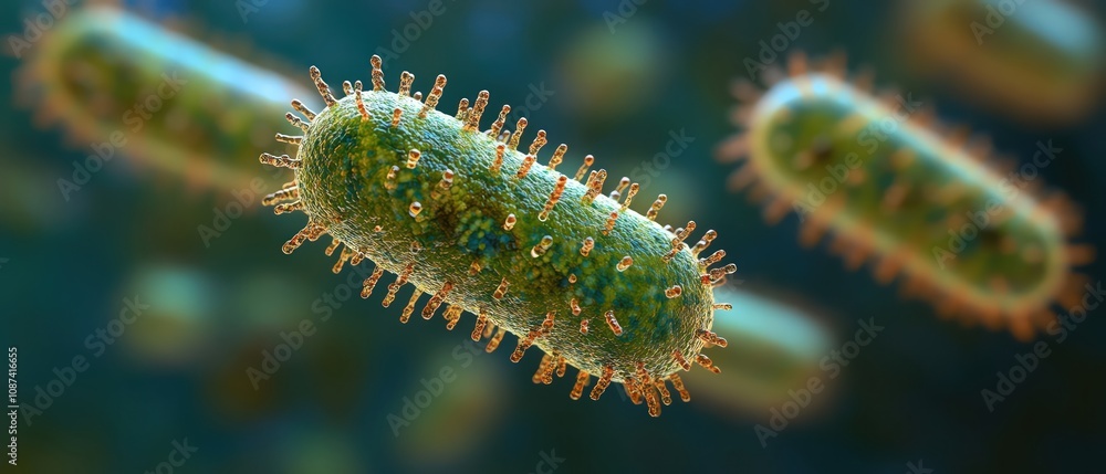Naklejka premium Bacteria closeup, intense colors, microscopic 3D render, scientific