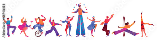 Carnival party. Circus clown, Purim party or parade poster with music and dancers, samba musicians, gymnasts and juggler. Funny characters in costumes. Vector cartoon flat isolated set