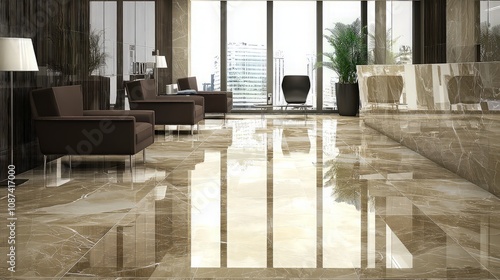 Modern office lobby with polished marble floors, comfortable seating, and city view.