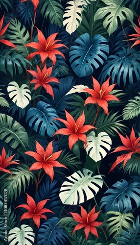 Tropical exotic pattern with animal and flowers in bright colors and lush vegetation