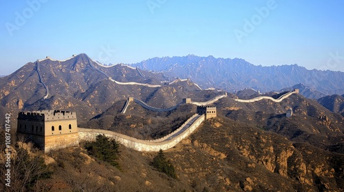 Panoramic view of the Great Wall of China snaking across mountains under a clear blue sky.
