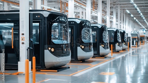 Futuristic airport scene with electric shuttle buses and charging stations available at every terminal