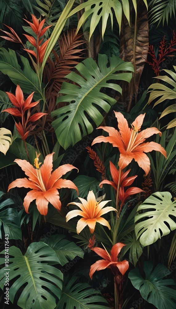 Tropical exotic pattern with animal and flowers in bright colors and lush vegetation Tropical exotic pattern with animal and flowers in bright colors and lush vegetation