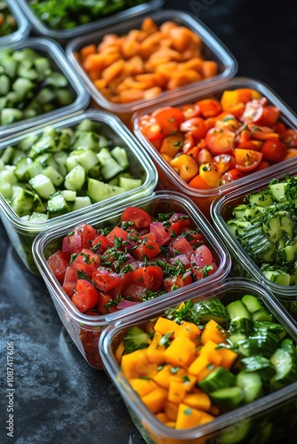 Colorful, fresh salads in neatly arranged containers, garnished with herbs and vegetables