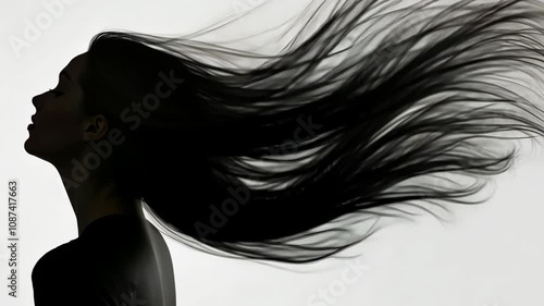 A black and white silhouette of a woman facing away from the viewer