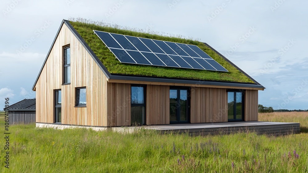 Eco Friendly Barn with Green Roof and Solar Panels Combining Sustainability and Traditional Agricultural Design in a Peaceful Rural Landscape Eco Friendly Barn with Green Roof and Solar Panels Combining Sustainability and Traditional Agricultural Design in a Peaceful Rural Landscape