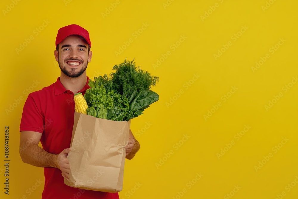 Smiling delivery man in a red uniform holding a paper bag filled with fresh vegetables against a bright yellow background Smiling delivery man in a red uniform holding a paper bag filled with fresh vegetables against a bright yellow background