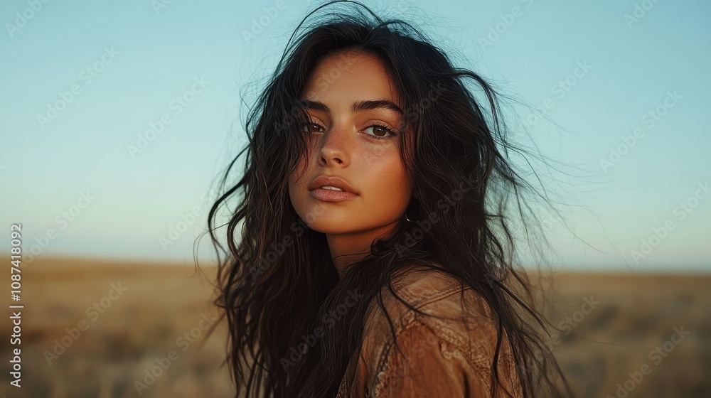 A captivating image of a woman with flowing long hair in a natural setting. The clear sky and open field create a serene and tranquil atmosphere around her. A captivating image of a woman with flowing long hair in a natural setting. The clear sky and open field create a serene and tranquil atmosphere around her.