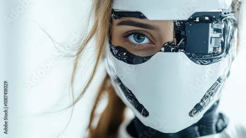 A woman's face, partially obscured by a futuristic mask with visible circuitry, focuses with a vibrant blue eye, embodying the fusion of humanity and technology. photo