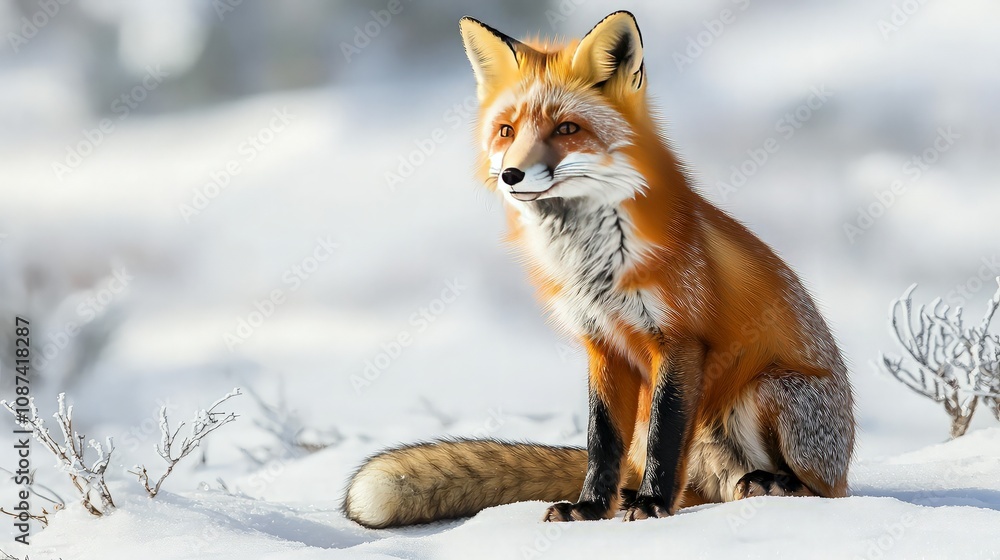 Fototapeta premium Red fox sitting in snowy winter landscape.