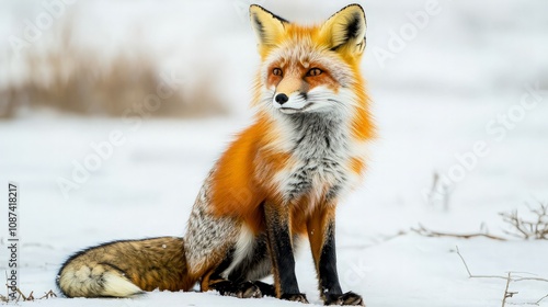 Red fox sitting in snow.