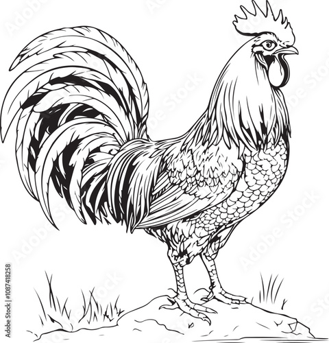 Rooster line drawing, vector 