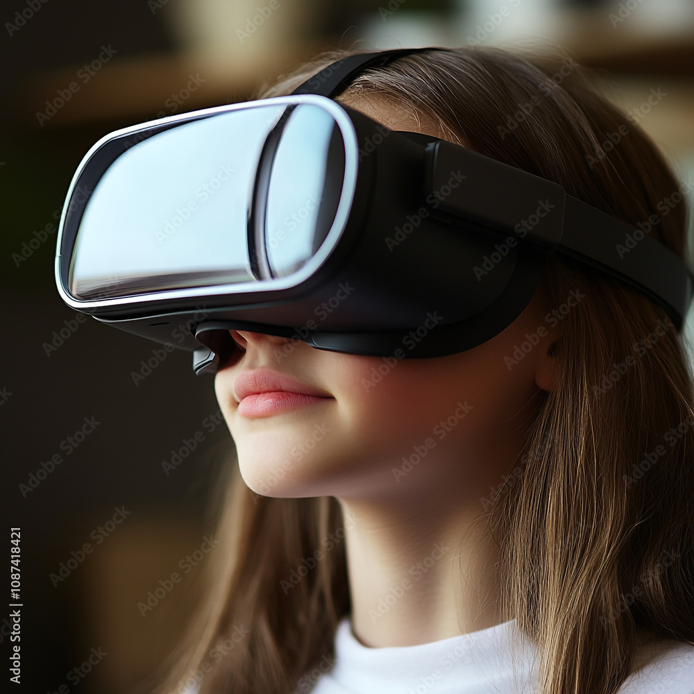 A boy wearing a white visual reality headset is looking at something. A boy wearing a white visual reality headset is looking at something.