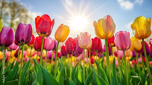 Vibrant Tulip Field Under Bright Sunlight