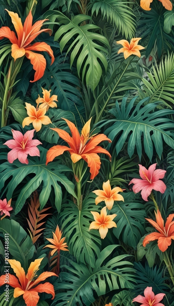 Tropical exotic pattern with animal and flowers in bright colors and lush vegetation Tropical exotic pattern with animal and flowers in bright colors and lush vegetation