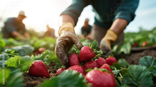 A farmer's hands, protected by gloves, carefully picking ripe strawberries from lush green vines in a sunlit field, showcasing freshness and agricultural dedication. photo