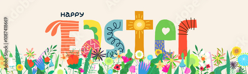 Happy Easter holiday party horizontal banner. Traditional spring Christian religious Passover celebration promo greeting card. Bright floral and creative lettering print. Colorful Paschal design