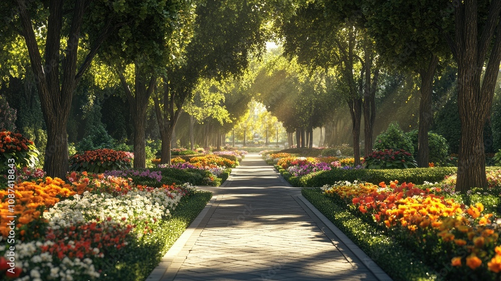 Obraz premium Serene Pathway through Vibrant Flower Park