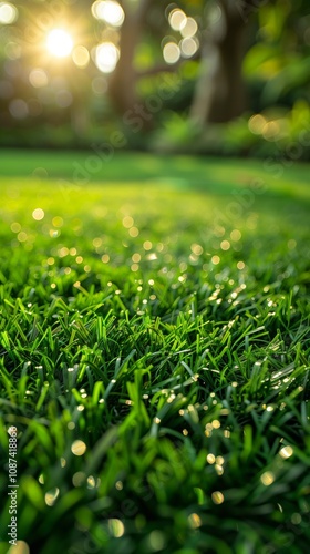 Lush artificial grass mat with blurred outdoor garden in sunlight for eco-friendly design ideas