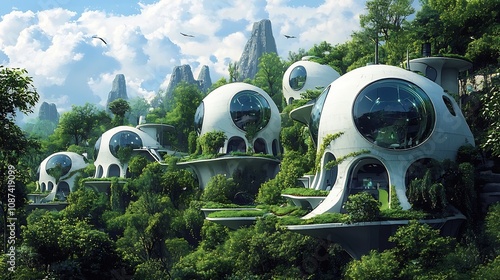 Futuristic eco friendly residential neighborhood with domed spherical buildings powered by solar and geothermal energy surrounded by lush greenery and natural landscapes  Innovative sustainable photo