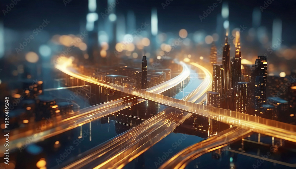Cyber Metropolis: Glowing highways weave through a neon-lit skyline. Illuminated paths crisscross in harmony, creating a network of light in the city's nocturnal heart. Cyber Metropolis: Glowing highways weave through a neon-lit skyline. Illuminated paths crisscross in harmony, creating a network of light in the city's nocturnal heart.