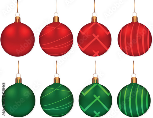 Set of  red and green Christmas baubles on transparent background