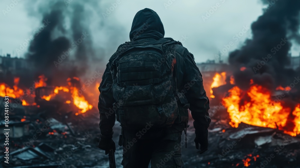 An individual in a hood stands alone against a backdrop of urban devastation engulfed in flames, emphasizing isolation, resilience, and the gravity of destruction. An individual in a hood stands alone against a backdrop of urban devastation engulfed in flames, emphasizing isolation, resilience, and the gravity of destruction.