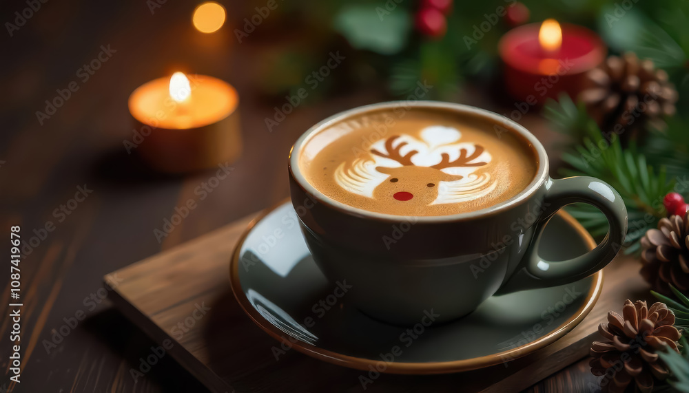 Festive coffee art with reindeer design cozy cafe setting beverage photography warm atmosphere close-up view holiday spirit Festive coffee art with reindeer design cozy cafe setting beverage photography warm atmosphere close-up view holiday spirit