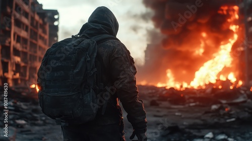 A lone figure in survival gear faces a fiery landscape of urban ruins, signifying survival against adversities in a war-torn post-apocalyptic environment.