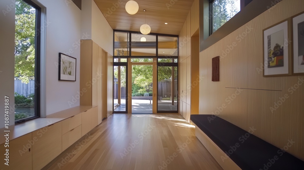 Modern Home Hallway With Wooden Walls And Glass Doors Modern Home Hallway With Wooden Walls And Glass Doors