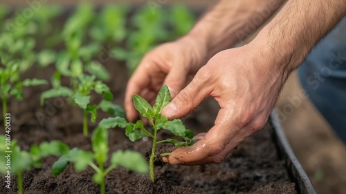 Farmer Carefully Checking Water Levels in a Drip Irrigation System to Ensure Efficient and Sustainable Water Usage for Crops and Plants in an Agricultural Field or Garden