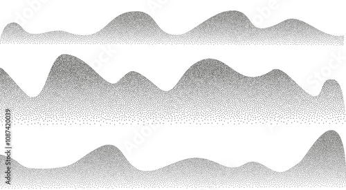Dotwork hills grain pattern. Grainy mountain with dotted noise and grunge texture. Landscape and terrain in dotwork style. Stippled gradient mountains. Noisy stochastic background Pointillism texture